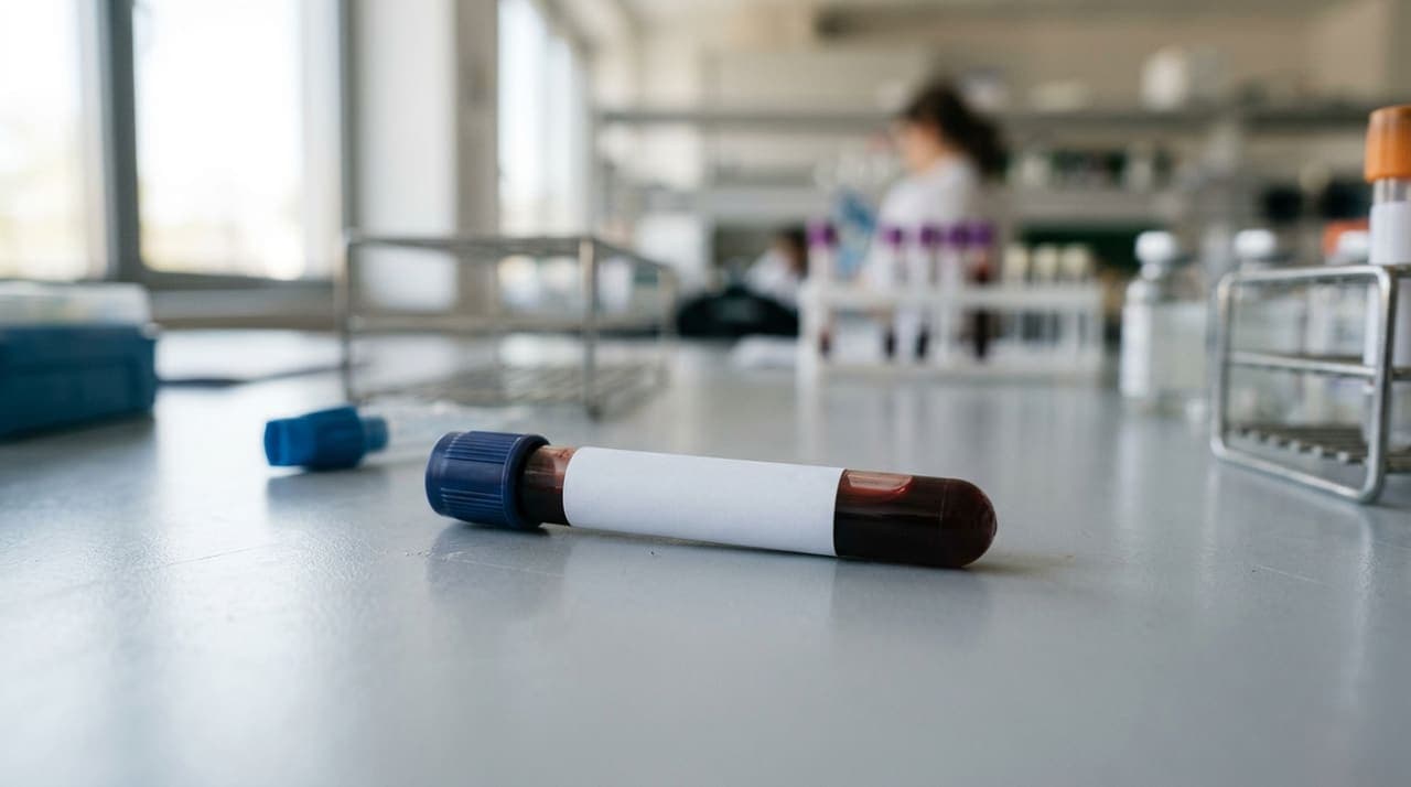 Tubo de coleta de sangue com etiqueta de exame de ácido úrico sobre bancada de laboratório em luz neutra